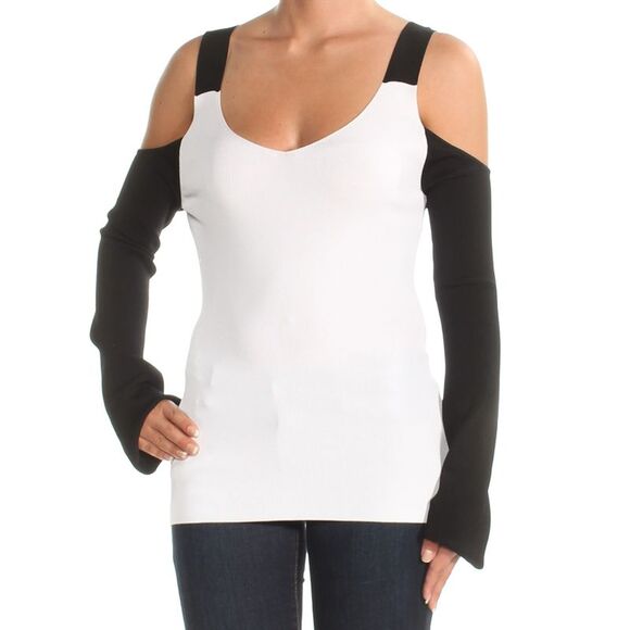 YYIGAL Womens White Cold Shoulder Color Block Long Sleeve V Neck Top Size: XS - Picture 3 of 4